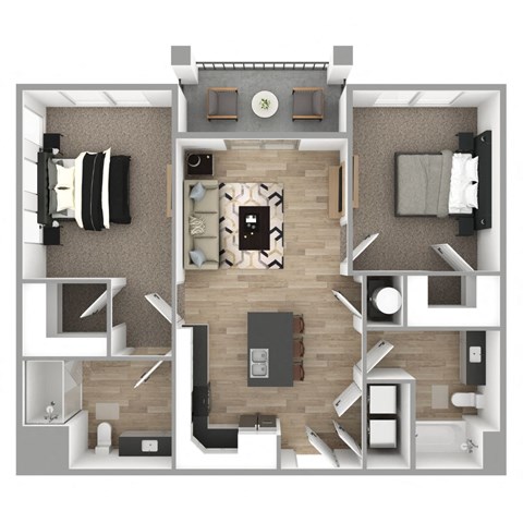 Floor plan for 2 beds, 2 baths, 987 sqft